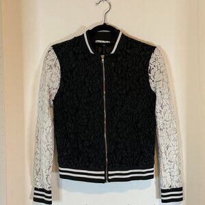 Say What? Black & White Lace Bomber Jacket - Size Small